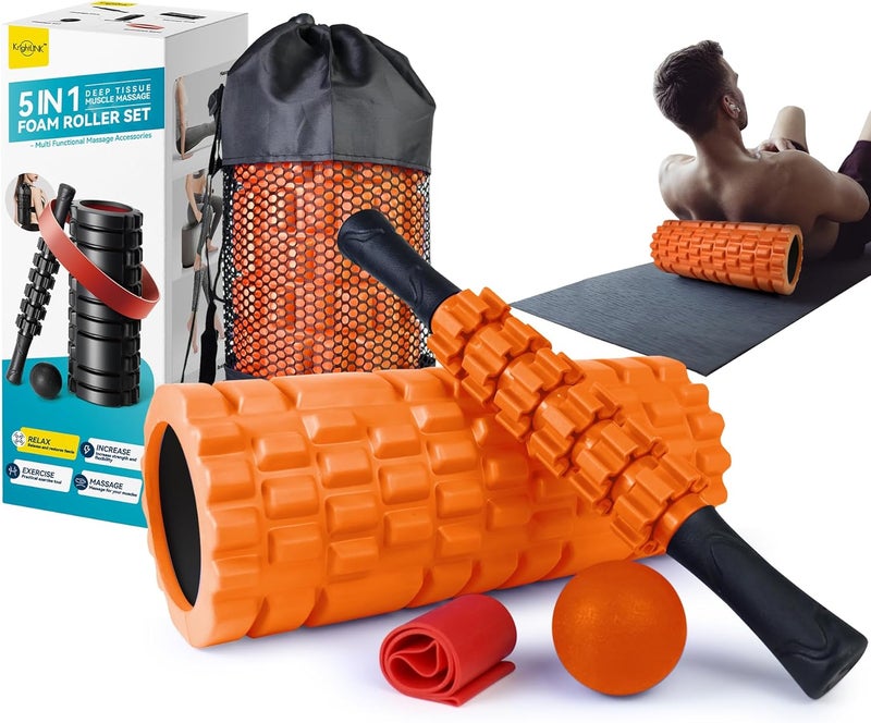 Krightlink 5 in 1 Foam Roller Set for Deep Tissue Muscle Massage, Trigger Point Fitness Exercise Foam Roller, Massage Roller, Massage Ball, Stretching Strap, for Whole Body (Orange Black) - Image 1